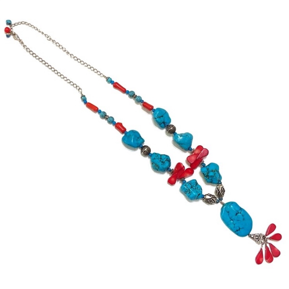 VINTAGE AUTHENTIC NAVAJO TURQUOISE NUGGET SILVER Y DROP CHUNKY LUXE NECKLACE